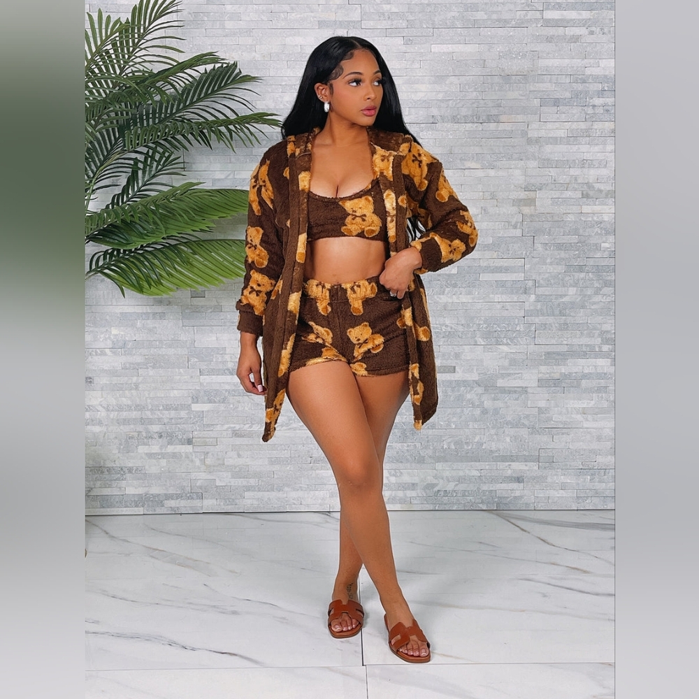 FUZZY 3 PC CARDIGAN SHORT SET